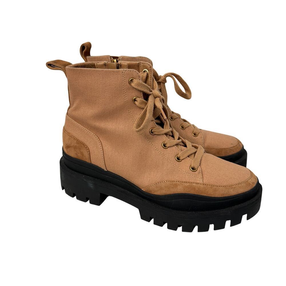 Vionic Boots Womens 9.5 Mellie Tan Canvas Lace Up Side Zip Lug Sole Platform